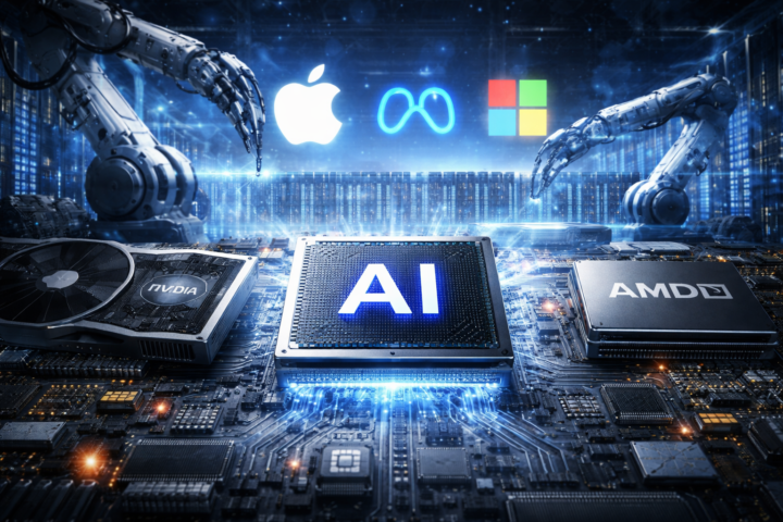 Photorealistic close-up of a glowing microchip on a circuit board in a blue-lit data center, with robotic arms and server racks in the background.