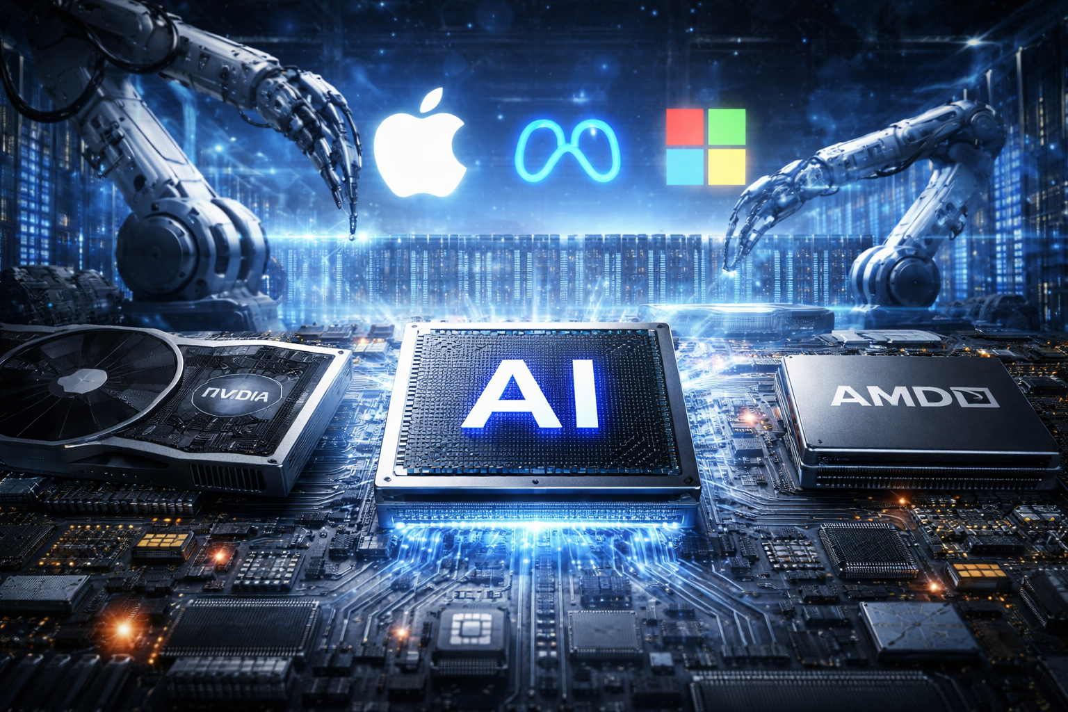 Photorealistic close-up of a glowing microchip on a circuit board in a blue-lit data center, with robotic arms and server racks in the background.
