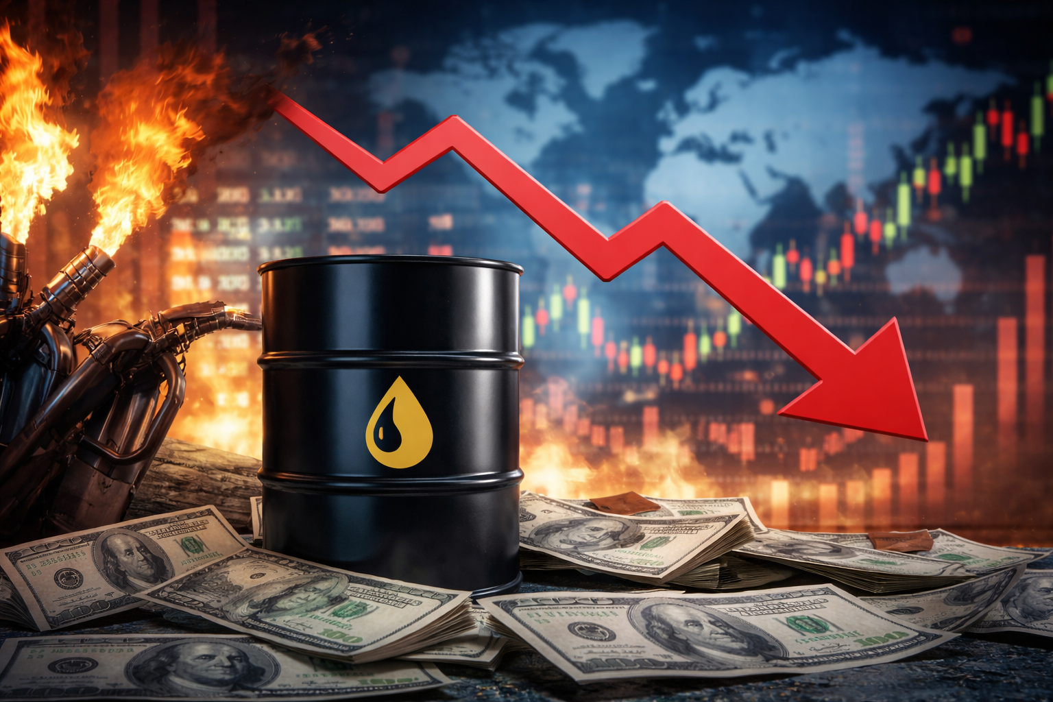 Photorealistic illustration of an oil barrel, fuel nozzles with flames, scattered U.S. dollar bills, and a falling market arrow against a global financial backdrop.