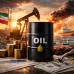 A dramatic photorealistic scene showing an offshore oil tanker, an oil pumpjack at sunset, dark smoke on the horizon, and financial-market imagery symbolizing the return of energy-driven inflation and geopolitical risk.