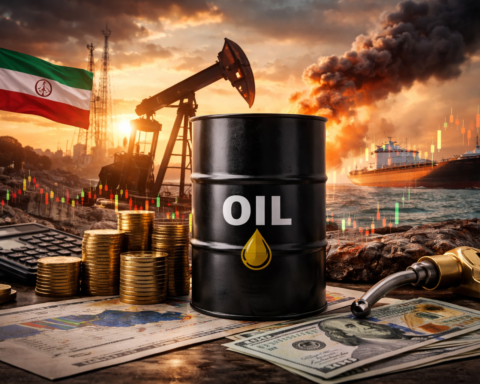 A dramatic photorealistic scene showing an offshore oil tanker, an oil pumpjack at sunset, dark smoke on the horizon, and financial-market imagery symbolizing the return of energy-driven inflation and geopolitical risk.
