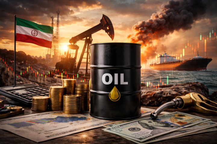 A dramatic photorealistic scene showing an offshore oil tanker, an oil pumpjack at sunset, dark smoke on the horizon, and financial-market imagery symbolizing the return of energy-driven inflation and geopolitical risk.