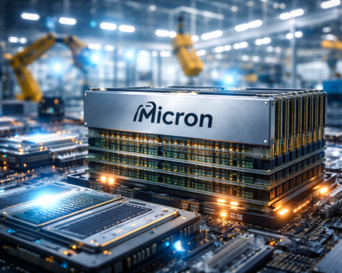 A photorealistic close-up of a high-bandwidth memory module mounted on a circuit board inside an advanced semiconductor manufacturing facility with robotic arms blurred in the background.