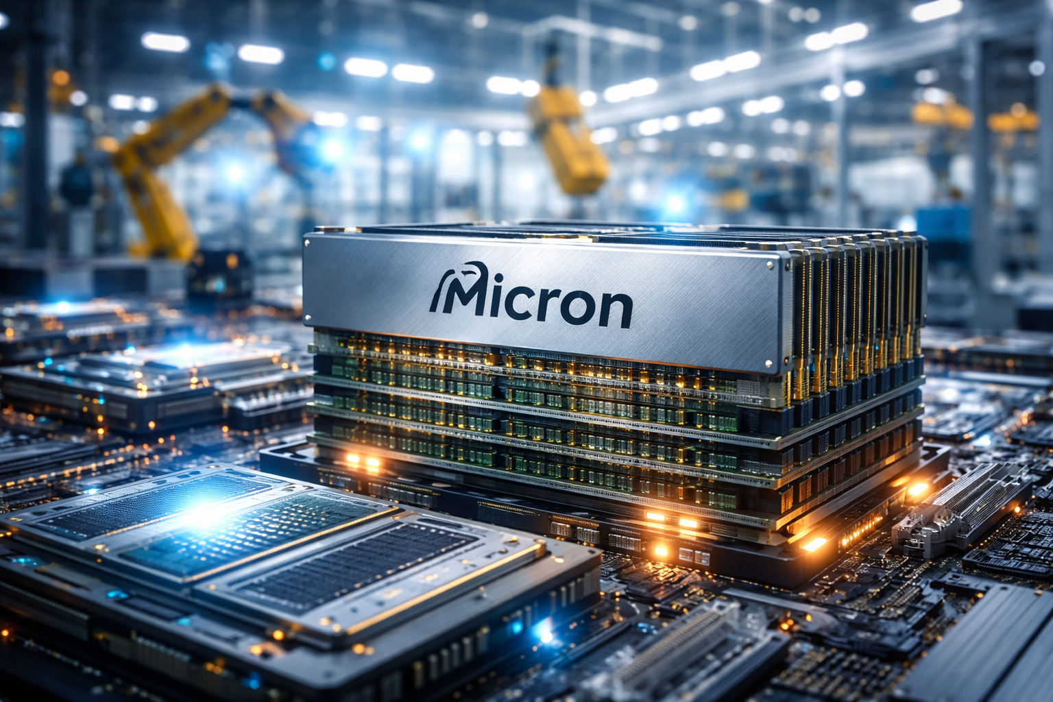 A photorealistic close-up of a high-bandwidth memory module mounted on a circuit board inside an advanced semiconductor manufacturing facility with robotic arms blurred in the background.