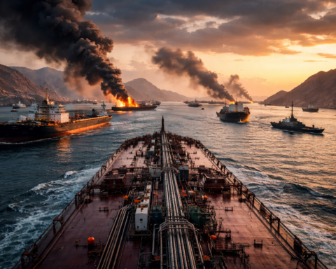 Photorealistic view from the deck of an oil tanker moving through a narrow strait at sunset, with several tankers, naval vessels, smoke, and fire in the distance between rugged mountain coastlines.