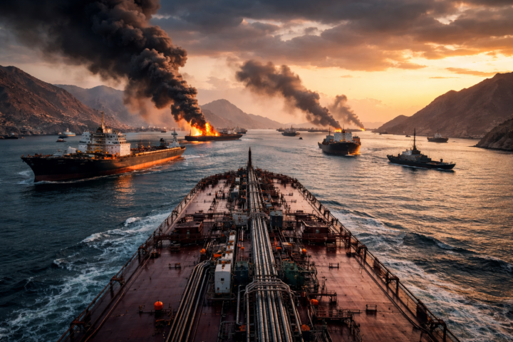 Photorealistic view from the deck of an oil tanker moving through a narrow strait at sunset, with several tankers, naval vessels, smoke, and fire in the distance between rugged mountain coastlines.