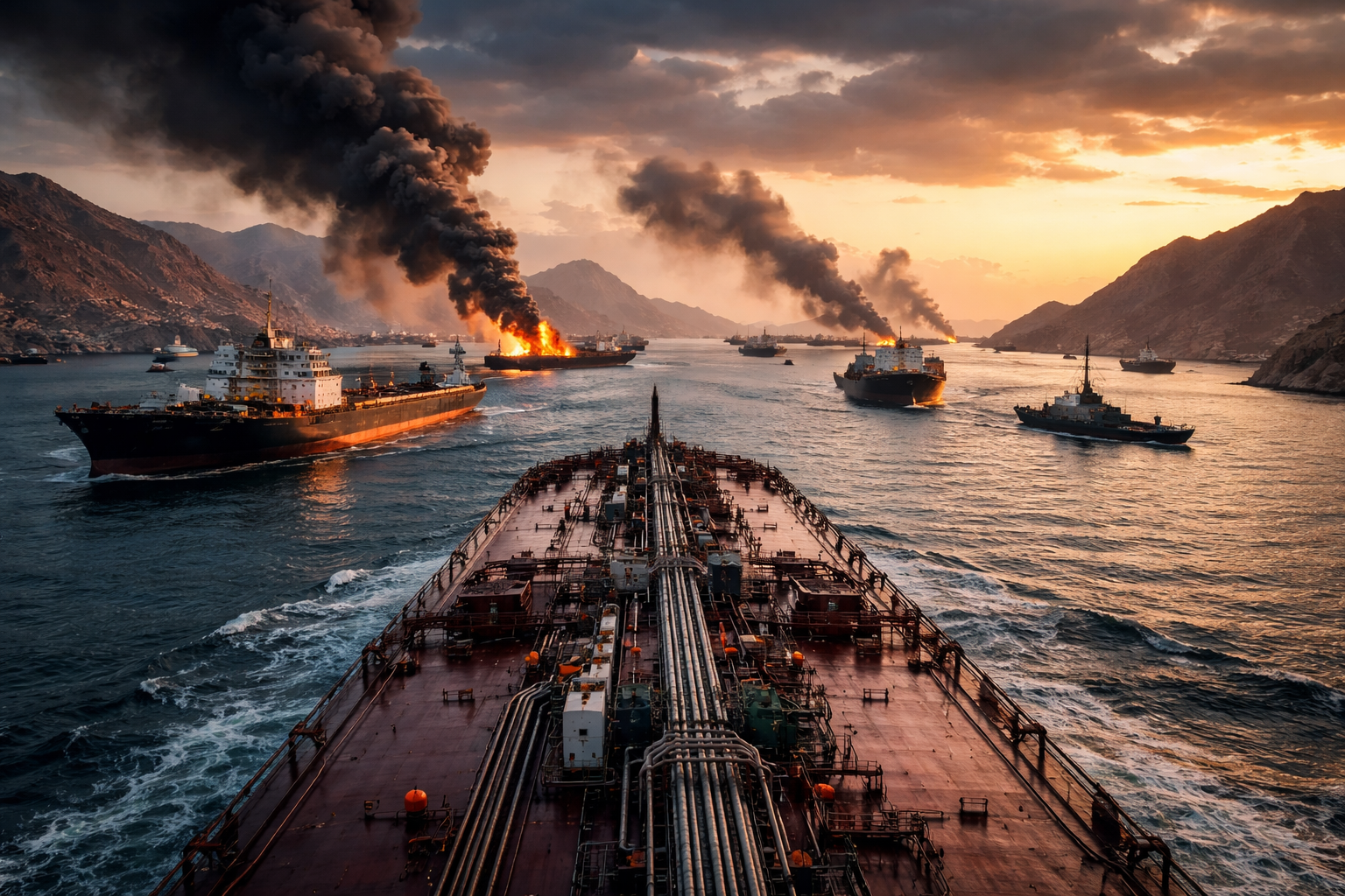 Photorealistic view from the deck of an oil tanker moving through a narrow strait at sunset, with several tankers, naval vessels, smoke, and fire in the distance between rugged mountain coastlines.