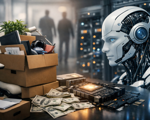 Photorealistic office scene showing packed employee boxes and an empty chair facing a humanoid robot beside server racks and computer chips, symbolizing layoffs and rising AI investment.