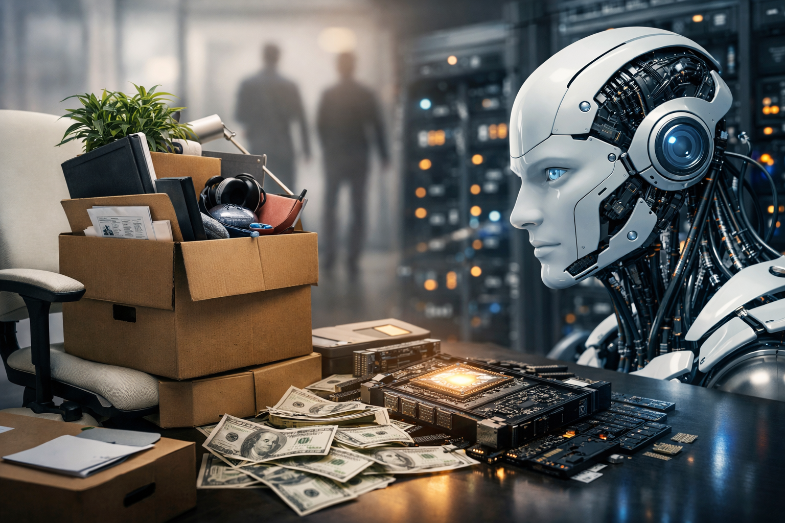 Photorealistic office scene showing packed employee boxes and an empty chair facing a humanoid robot beside server racks and computer chips, symbolizing layoffs and rising AI investment.