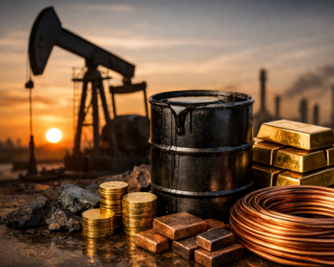 A photorealistic commodities scene showing a black oil barrel with crude spilling over the rim, stacked gold bars and coins, copper coils and ingots, and a pumpjack at sunset in the background.