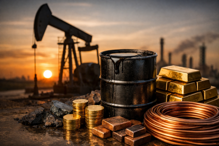 A photorealistic commodities scene showing a black oil barrel with crude spilling over the rim, stacked gold bars and coins, copper coils and ingots, and a pumpjack at sunset in the background.