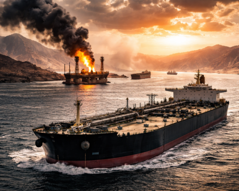 A large oil tanker sails through a narrow strait at sunset as thick smoke rises from a burning offshore platform in the distance.