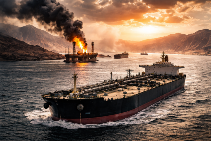 A large oil tanker sails through a narrow strait at sunset as thick smoke rises from a burning offshore platform in the distance.