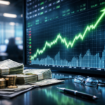 A photorealistic financial scene showing stacks of U.S. dollar bills, coins, glasses, and a pen on a reflective desk in front of a large market screen with a sharply rising green chart, with blurred office workers in the background.