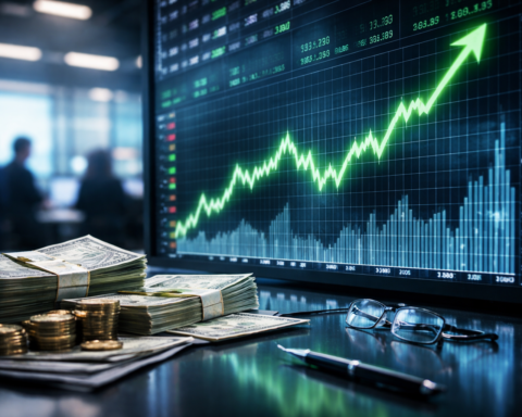 A photorealistic financial scene showing stacks of U.S. dollar bills, coins, glasses, and a pen on a reflective desk in front of a large market screen with a sharply rising green chart, with blurred office workers in the background.
