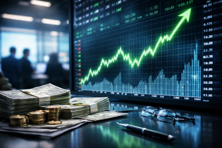A photorealistic financial scene showing stacks of U.S. dollar bills, coins, glasses, and a pen on a reflective desk in front of a large market screen with a sharply rising green chart, with blurred office workers in the background.
