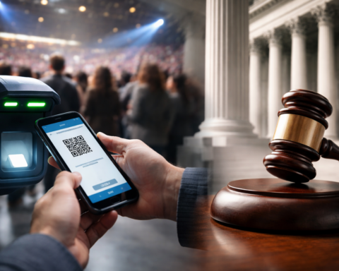 Close-up of a smartphone ticket being scanned at a concert entrance beside a judge’s gavel in front of courthouse columns.