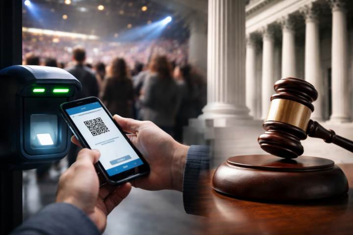 Close-up of a smartphone ticket being scanned at a concert entrance beside a judge’s gavel in front of courthouse columns.