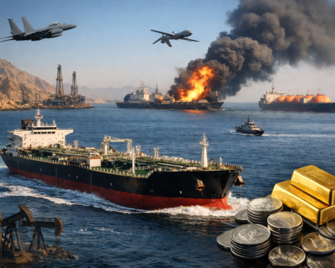 Photorealistic scene of oil tankers crossing a narrow strait with smoke rising in the distance and gold bars and silver coins in the foreground.