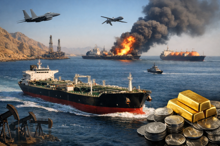 Photorealistic scene of oil tankers crossing a narrow strait with smoke rising in the distance and gold bars and silver coins in the foreground.