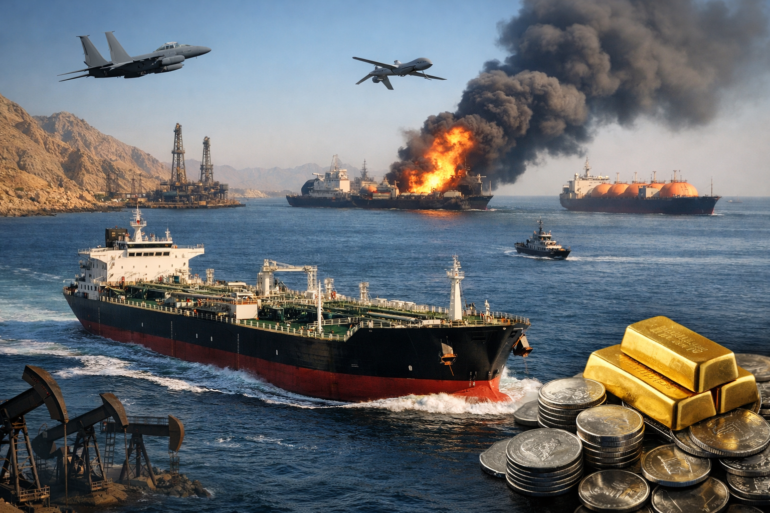 Photorealistic scene of oil tankers crossing a narrow strait with smoke rising in the distance and gold bars and silver coins in the foreground.