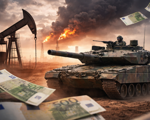 A photorealistic symbolic scene showing a modern battle tank near oil infrastructure under a smoke-filled sky, with euro banknotes in the foreground to suggest defense spending, energy risk and financial strain in Europe.