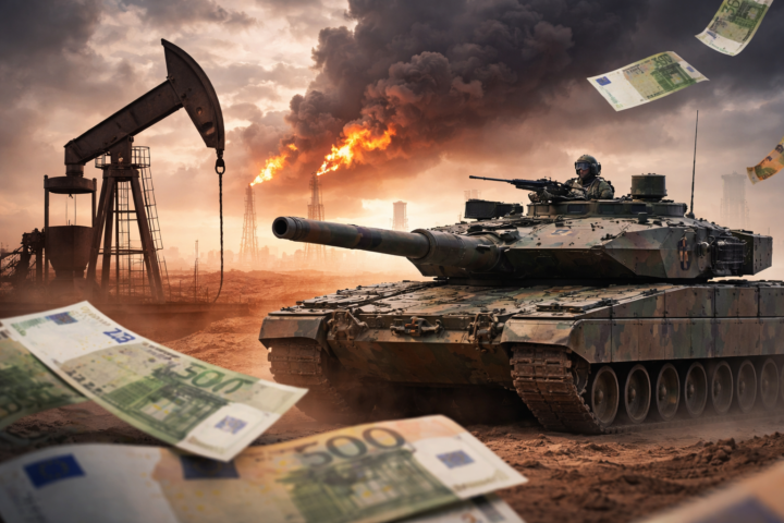 A photorealistic symbolic scene showing a modern battle tank near oil infrastructure under a smoke-filled sky, with euro banknotes in the foreground to suggest defense spending, energy risk and financial strain in Europe.