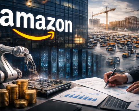 Photorealistic composite scene showing Amazon branding on a glass office tower beside a robotics arm, stacked coins, a server room, delivery vehicles, cranes, and a business executive reviewing charts.