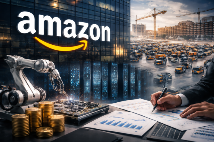 Photorealistic composite scene showing Amazon branding on a glass office tower beside a robotics arm, stacked coins, a server room, delivery vehicles, cranes, and a business executive reviewing charts.
