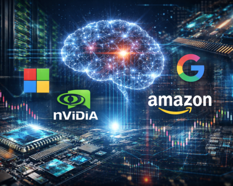 Photorealistic-style feature image showing a glowing artificial intelligence brain above advanced semiconductor hardware and server racks, symbolizing the surge in AI investment across large technology companies.