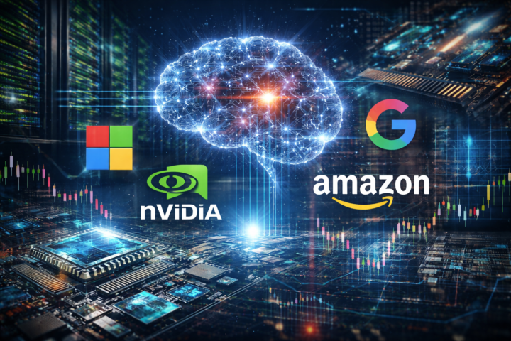 Photorealistic-style feature image showing a glowing artificial intelligence brain above advanced semiconductor hardware and server racks, symbolizing the surge in AI investment across large technology companies.