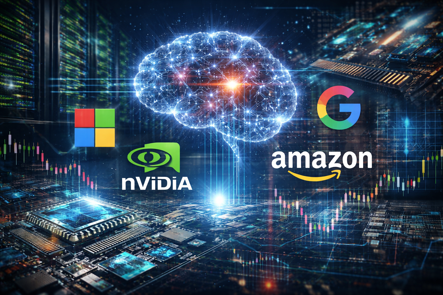 Photorealistic-style feature image showing a glowing artificial intelligence brain above advanced semiconductor hardware and server racks, symbolizing the surge in AI investment across large technology companies.