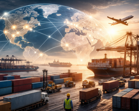 A photorealistic global shipping port at sunset with cargo containers, cranes, trucks, cargo ships, and a passenger jet, overlaid by a luminous globe connected by trade-route lines.