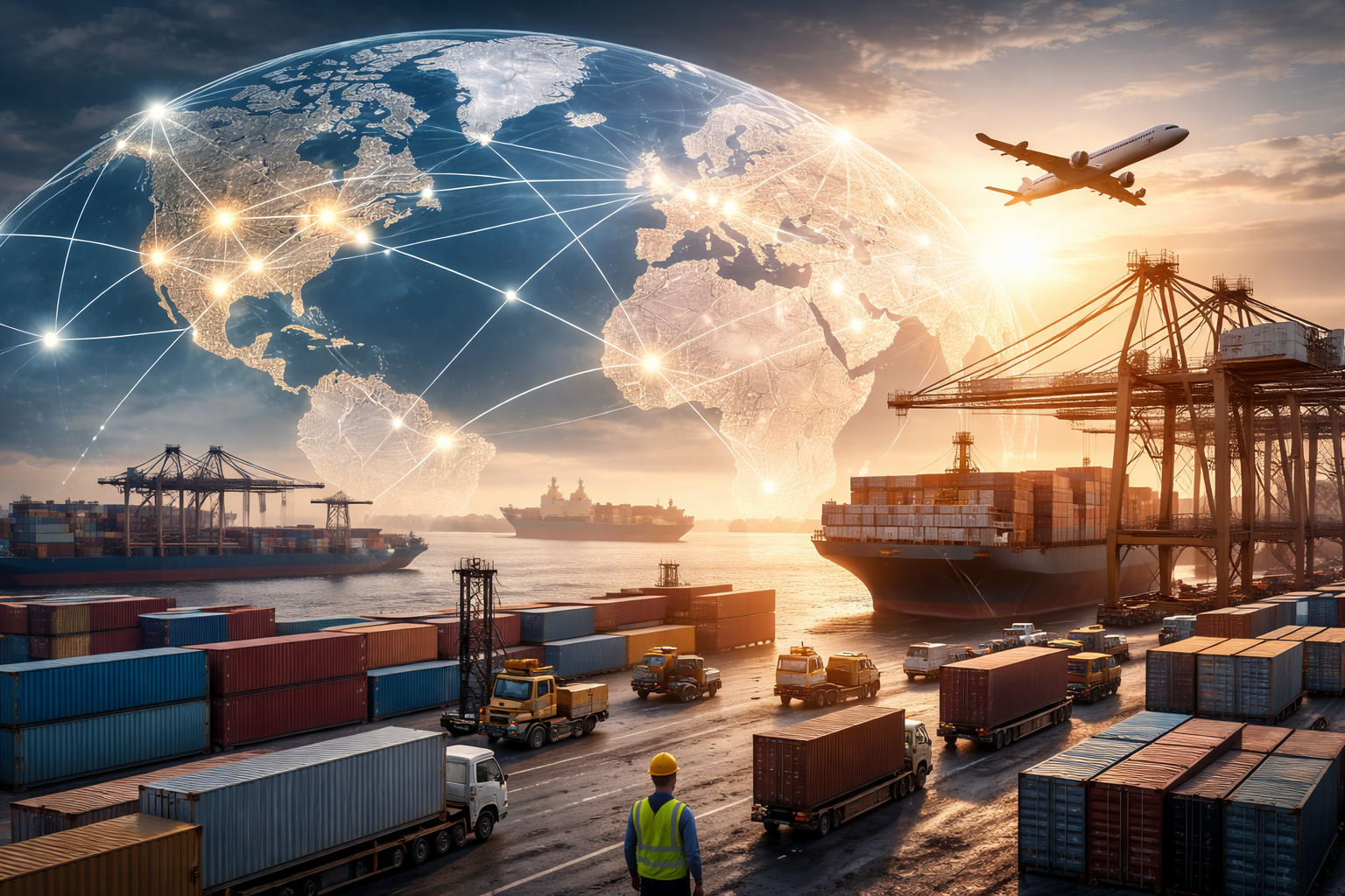 A photorealistic global shipping port at sunset with cargo containers, cranes, trucks, cargo ships, and a passenger jet, overlaid by a luminous globe connected by trade-route lines.