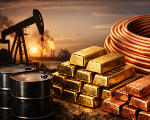 Photorealistic close-up of oil barrels, stacked gold bars and copper ingots with a pumpjack and refinery flare in the background at sunset.