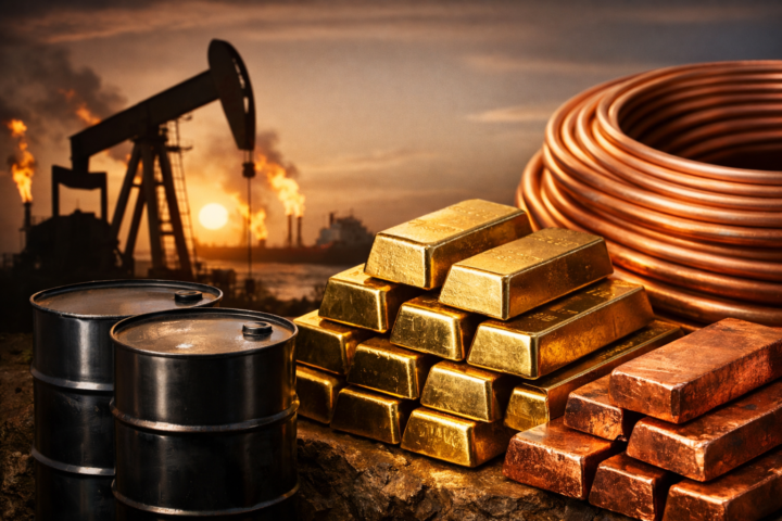 Photorealistic close-up of oil barrels, stacked gold bars and copper ingots with a pumpjack and refinery flare in the background at sunset.