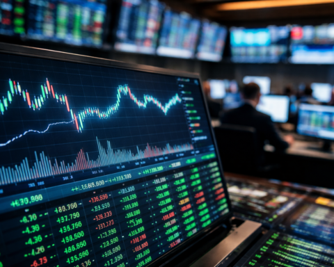 Photorealistic view of a trading floor with a large monitor showing stock charts and market data, while traders and screens blur in the background.