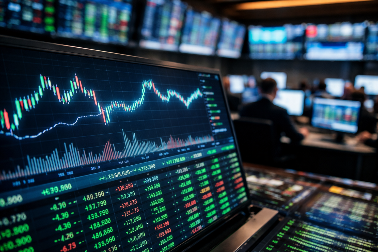 Photorealistic view of a trading floor with a large monitor showing stock charts and market data, while traders and screens blur in the background.