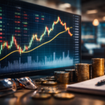 Photorealistic close-up of a large market chart on a trading screen beside stacked coins, a notepad, pen, and glasses in a softly lit financial office.