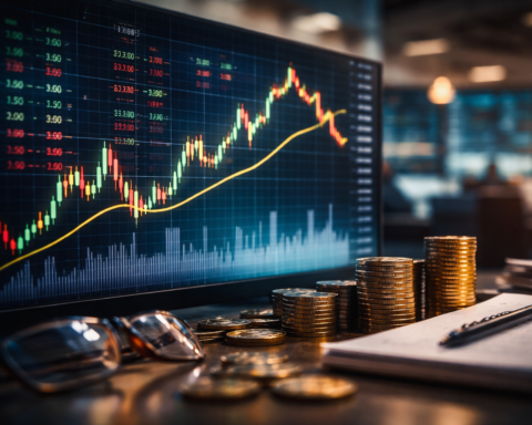 Photorealistic close-up of a large market chart on a trading screen beside stacked coins, a notepad, pen, and glasses in a softly lit financial office.