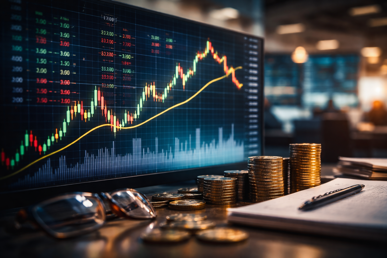 Photorealistic close-up of a large market chart on a trading screen beside stacked coins, a notepad, pen, and glasses in a softly lit financial office.