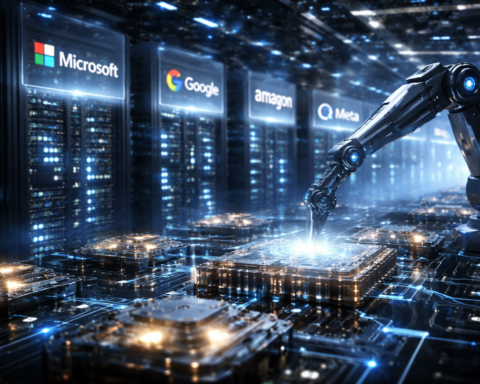 A photorealistic high-tech data center scene with glowing server racks, advanced chips, and a robotic arm assembling semiconductor hardware, symbolizing the AI infrastructure buildout among major technology companies.