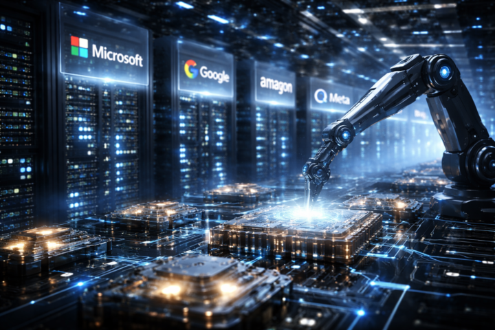A photorealistic high-tech data center scene with glowing server racks, advanced chips, and a robotic arm assembling semiconductor hardware, symbolizing the AI infrastructure buildout among major technology companies.