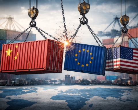 Shipping containers marked with Chinese, European Union, and U.S. flag motifs hang from cranes in a busy port, colliding above a world map to symbolize rising trade tensions and supply chain strain.