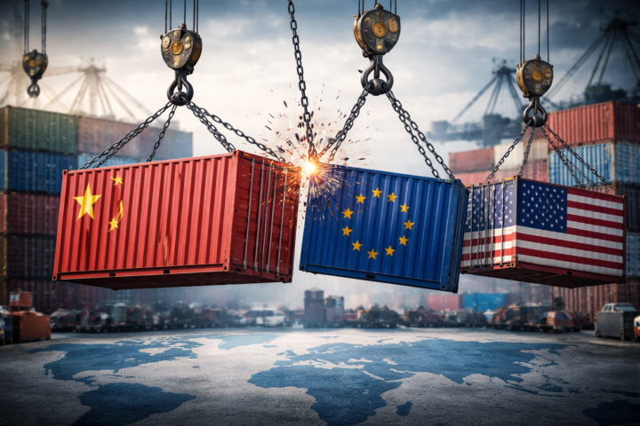 Shipping containers marked with Chinese, European Union, and U.S. flag motifs hang from cranes in a busy port, colliding above a world map to symbolize rising trade tensions and supply chain strain.