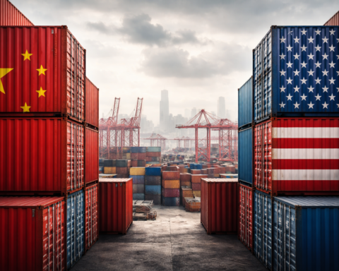 Shipping containers marked with the Chinese and U.S. flags stand opposite each other in a large commercial port, with cranes and a hazy skyline in the background.