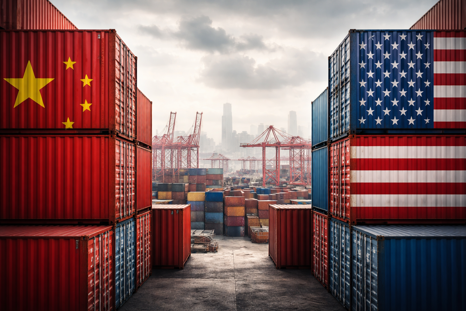 Shipping containers marked with the Chinese and U.S. flags stand opposite each other in a large commercial port, with cranes and a hazy skyline in the background.