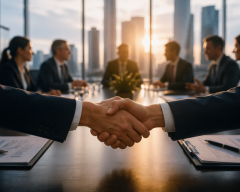 Two business executives shake hands across a conference table in a high-rise boardroom, with other professionals blurred in the background and a city skyline lit by sunset behind them.