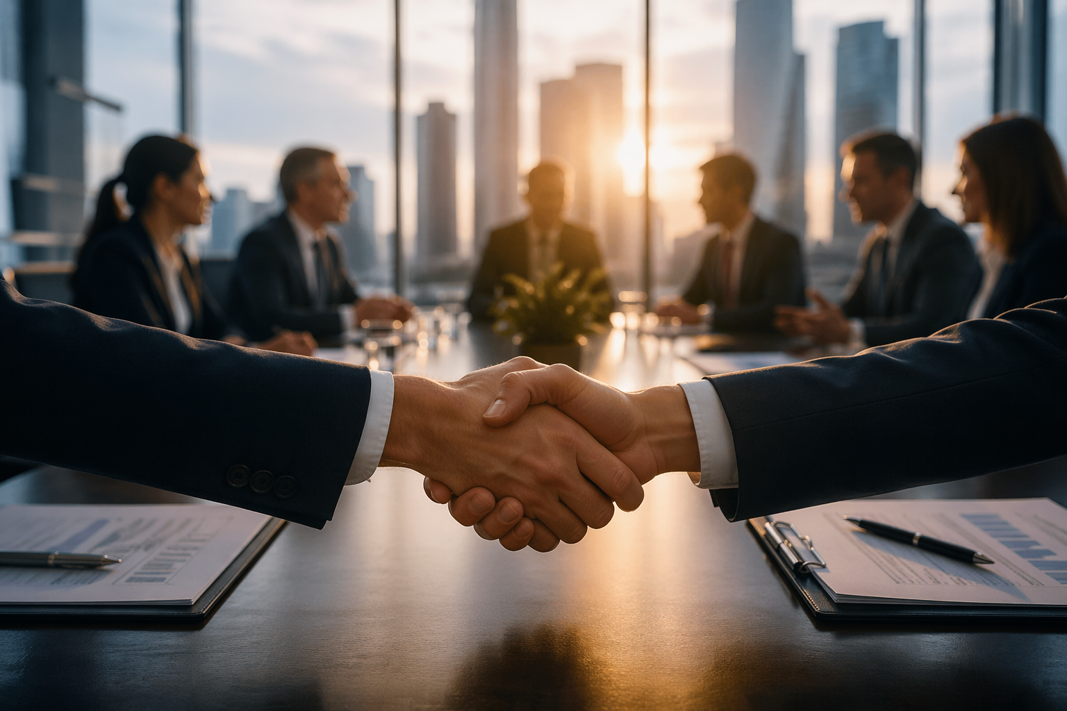 Two business executives shake hands across a conference table in a high-rise boardroom, with other professionals blurred in the background and a city skyline lit by sunset behind them.