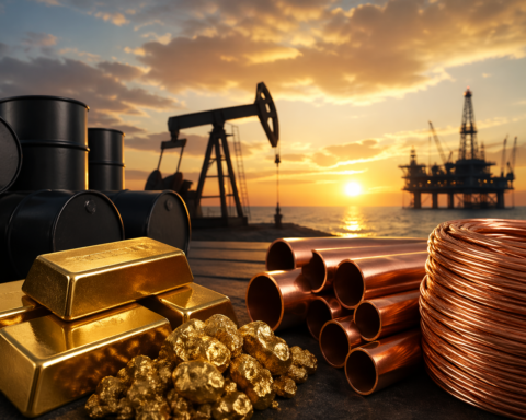 Photorealistic still life of gold bars, copper pipes and coiled copper wire beside oil barrels, with a pumpjack and offshore drilling platform silhouetted against a sunset sky.